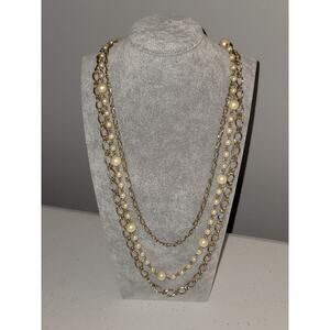 VTG c1980 Gold-Tone Faux Pearl Triple Strand 28" Twisted Cable Chain Necklace